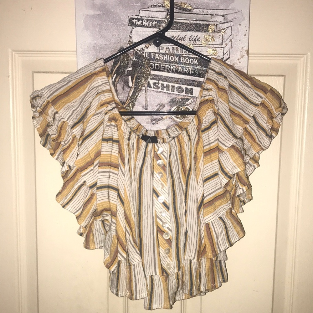 Angie Brand Size Medium Yellow Tan Blue Stripped Ruffled Crop Top
